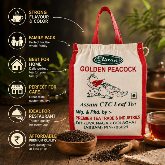 Golden Peacock Tea 1kg Jute Bag | Rich Aroma Assam CTC Loose Tea | Strong & Elegant Kadak Chai Patti